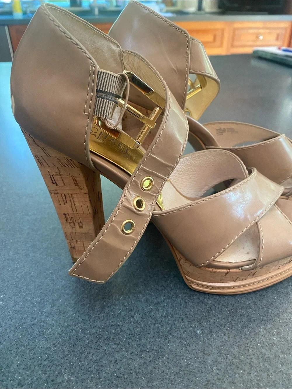 Michael Kors Taupe Leather Platform Heel Sandal with Gold-Tone Accents